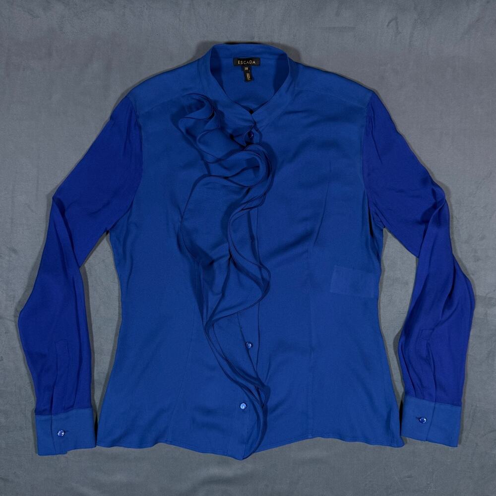 Escada 38 women’s blue Silk Long Sleeve button Blouse Ruffled shirt